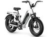 Angled view of the G-force RS ST white electric bike, featuring patented 6-shock suspension for off-road comfort. 